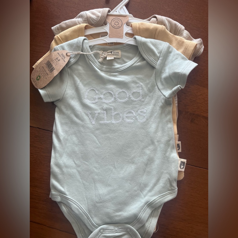 Rabbit + Bear 3-Pack Organic Onsies, Size 6-9 Months. NWT.